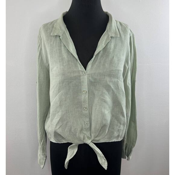 Cloth & Stone Mint Green Long Sleeve Tie Twist Front Button-Down Linen Shirt M - Picture 1 of 6